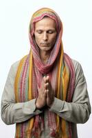 ai généré une homme prier avec le sien mains étreint ensemble photo