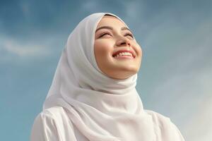 ai généré femme portant une foulard, Heureusement souriant et à la recherche en haut à le ciel photo