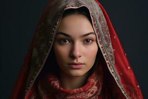 ai généré une femme dans une rouge foulard photo