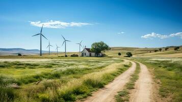 ai généré une photo de une renouvelable énergie vent ferme dans action, avec vent turbines filage contre une clair bleu ciel. génératif ai