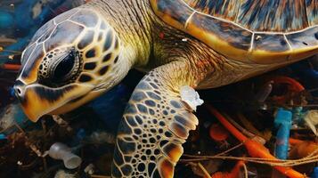 ai généré une photo de une mer tortue emmêlé dans Plastique déchets. génératif ai