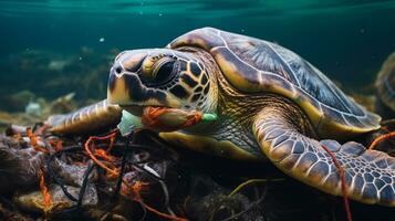 ai généré une photo de une mer tortue emmêlé dans Plastique déchets. génératif ai