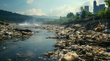 ai généré une photo de une pollué berge de rivière avec mis au rebut déchets et contaminé l'eau. génératif ai