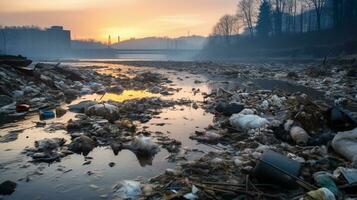 ai généré une photo de une pollué berge de rivière avec mis au rebut déchets et contaminé l'eau. génératif ai