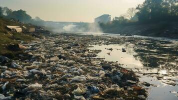 ai généré une photo de une pollué berge de rivière avec mis au rebut déchets et contaminé l'eau. génératif ai