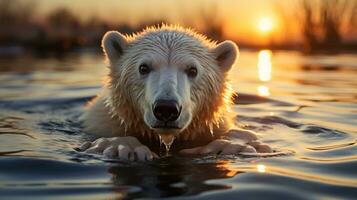 ai généré une photo de une polaire ours échoué sur une rapidement fusion la glace banquise dans le Arctique océan à lever du soleil. génératif ai