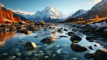 ai généré une photo de une fusion glacier dans le Alpes à le coucher du soleil. génératif ai