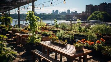 ai généré une photo de une centre ville toit jardin ou Urbain cultiver, illustrant efforts à réduire le Urbain chaleur île effet et promouvoir local nourriture production. génératif ai