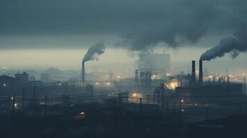 ai généré une photo de une paysage urbain enveloppé dans de bonne heure Matin brouillard et usine fumée. génératif ai