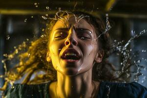 ai généré une femme éclabousser dans l'eau avec sa bouche ouvert photo