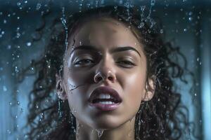 ai généré magnifique femme avec frisé cheveux dans le pluie photo