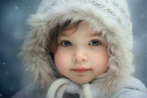 ai généré une mignonne fille dans le neige , une mignonne peu fille est portant une velu chapeau et écharpe dans hiver ai généré photo