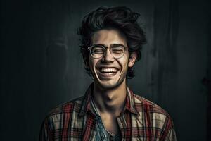 ai généré souriant homme avec des lunettes dans une plaid chemise et jeans photo