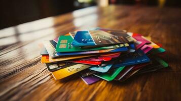 ai généré photo de une empiler de crédit cartes avec vibrant conceptions. génératif ai