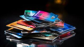 ai généré photo de une empiler de crédit cartes avec vibrant conceptions. génératif ai