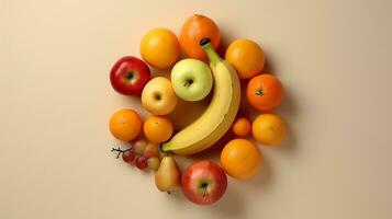 ai généré magnifique arrangement de orange, pomme, poire, banane, et grain de raisin sur tableau. génératif ai photo