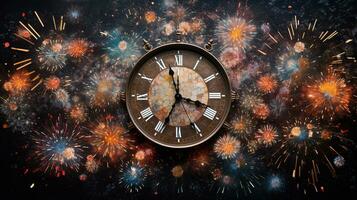 ai généré photographier une étourdissant afficher de feux d'artifice éclairage en haut le nuit ciel comme le l'horloge grèves minuit sur Nouveau années veille. génératif ai photo