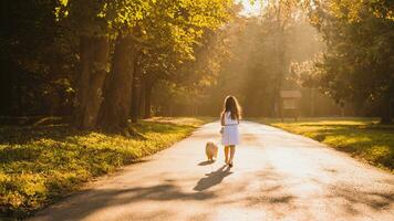 fille fonctionnement avec chien sur sentier entouré par l'automne des arbres et herbe, l'automne Matin marcher avec enfant sur sentier photo