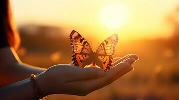 ai généré papillon sur le main de une femme pendant le coucher du soleil photo