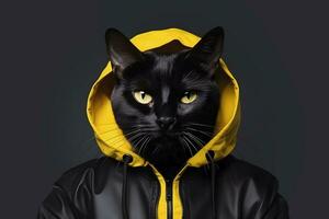 ai généré noir chat dans à la mode Jaune et cuir veste. à la mode concept. ai généré photo