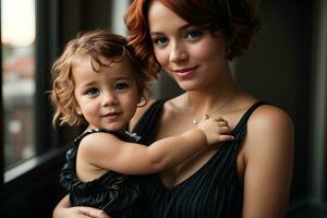 ai généré Jeune magnifique mère en portant sa fille dans sa bras photo
