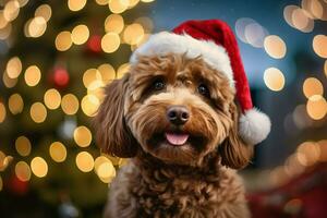 ai généré chien portant rouge Père Noël claus chapeau Noël arbre dans le arrière-plan, génératif ai. photo