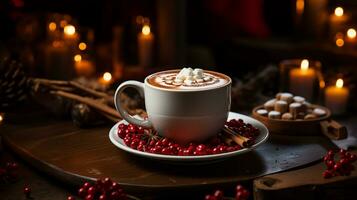 ai généré tasse de chaud Chocolat avec cannelle des bâtons sur une en bois table photo