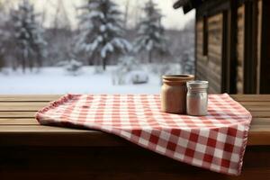 ai généré une rouge à carreaux nappe de table sur une en bois tableau, ensemble contre une en bois Contexte photo