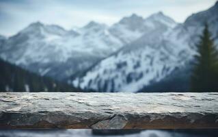 ai généré vide en bois table Haut Nouveau années élégant Noël arbre bleu Contexte photo