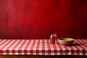 ai généré une rouge à carreaux nappe de table sur une en bois tableau, ensemble contre une en bois Contexte photo