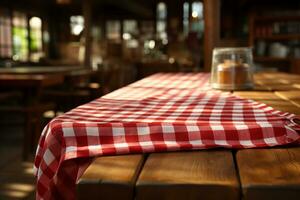 ai généré une rouge à carreaux nappe de table sur une en bois tableau, ensemble contre une en bois Contexte photo