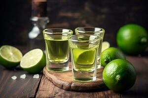 ai généré Trois coups de Tequila avec citron vert sur une en bois table photo