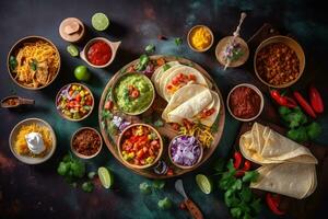 ai généré mexicain nourriture avec tortillas, salsa, et autre Ingrédients photo