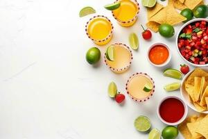 ai généré mexicain nourriture avec puces, salsa et citron vert jus photo