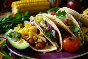 ai généré Trois tacos sont montré sur une violet assiette photo