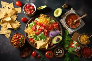 ai généré mexicain nourriture avec tortilla puces, tomates, avocat, oignon, et autre Ingrédients photo