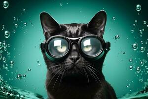 ai généré chat nage dans le bassin portant nager des lunettes de protection. ai généré photo