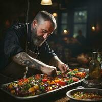 ai généré culinaire savoir-faire réaliste photo de chef garnir légume plat génératif ai