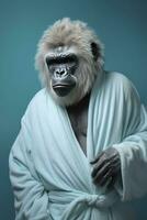 ai généré portrait de une gorille habillé dans une peignoir de bain sur pastel Contexte photo