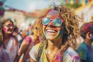 ai généré portrait de souriant Jeune femme portant des lunettes de soleil couvert avec Holi Couleur photo