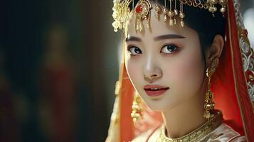 ai généré chinois magnifique souriant fille avec chinois traditionnel cheongsam pansement sur chinois Nouveau année Contexte photo