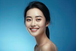 ai généré soin de la peau et maquillage concept magnifique asiatique femelle femme avec en bonne santé faciale peau proche en haut portrait photo