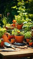 ai généré groupe de jardin outils mensonge sur une table entouré par des pots et les plantes photo