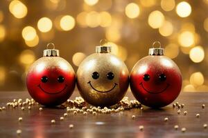 ai généré une de bonne humeur et capricieux Noël scène avec coloré d'or des balles et une brillant rouge Contexte photo