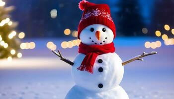 ai généré une de bonne humeur bonhomme de neige dans une couvert de neige champ photo