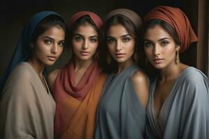 ai généré magnifique groupe de les musulmans femmes souriant et en riant portant une hijab et décoré châle photo