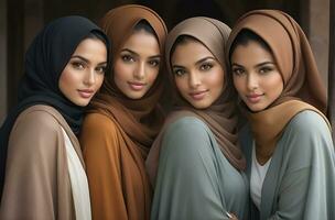 ai généré magnifique groupe de les musulmans femmes souriant et en riant portant une hijab et décoré châle photo