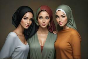 ai généré magnifique groupe de les musulmans femmes souriant et en riant portant une hijab et décoré châle photo