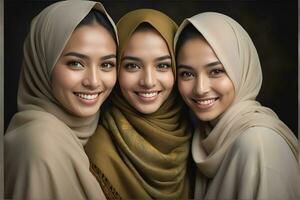 ai généré magnifique groupe de les musulmans femmes souriant et en riant portant une hijab et décoré châle photo