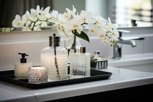 ai généré une salle de bains a un orchidée et verre bouteilles dans de face de une miroir photo